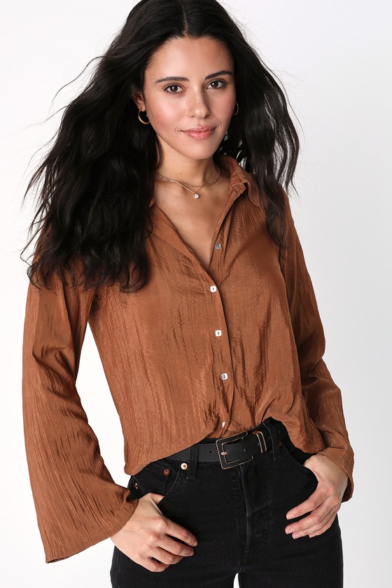 Brown Pleated Top - Button-Up Top - Crinkled Long Sleeve Top - Lulus