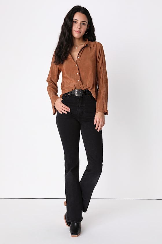 Pleat Code Brown Pleated Long Sleeve Button-Up Top 7