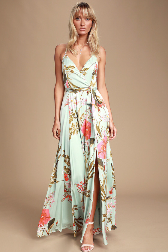 Still the One Sage Green Floral Print Satin Maxi Dress