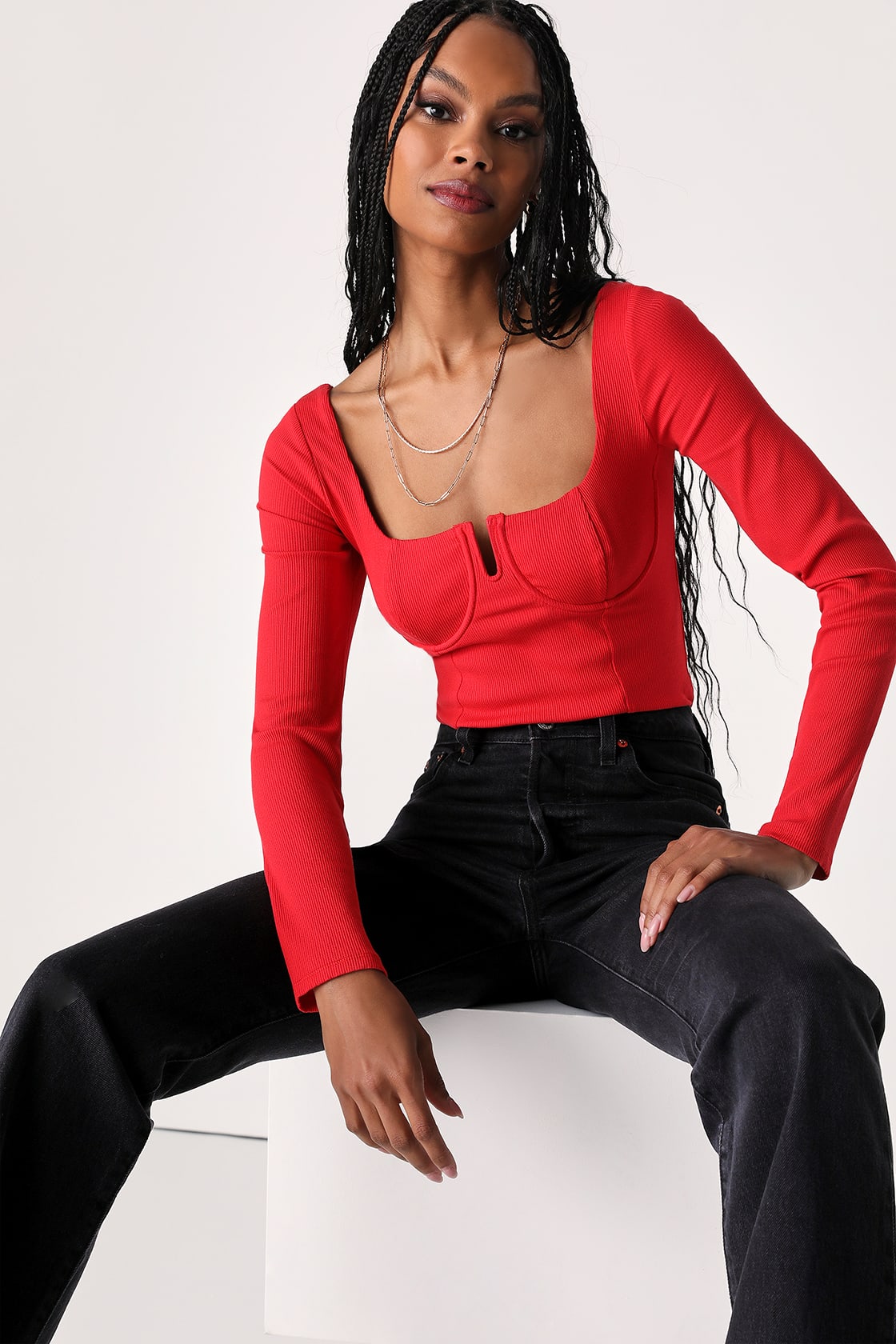 Red Orange Bustier Top - Ribbed Long Sleeve Top - Ribbed Top - Lulus