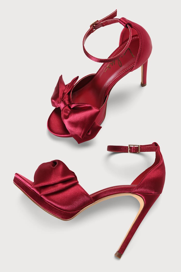 Lanely Wine Red Satin Bow High Heel Sandals