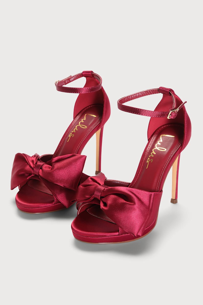 Lanely Wine Red Satin Bow High Heel Sandals