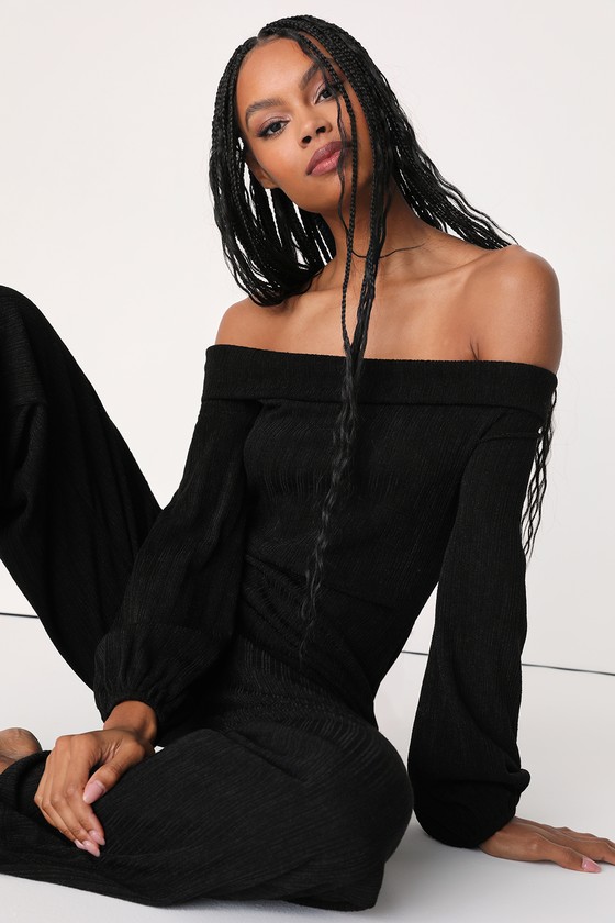 Black Ribbed Jumpsuit - Off-The-Shoulder Jumpsuit - Jumpsuit - Lulus