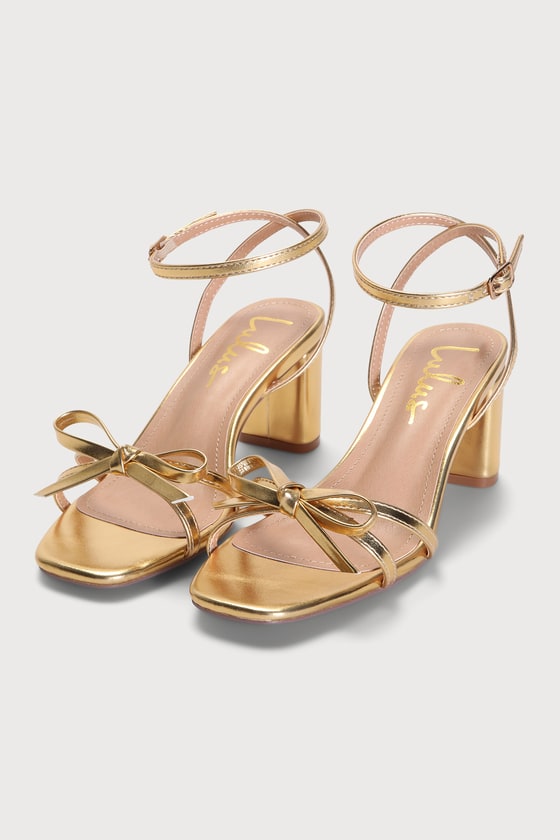 Lulus Rezzy Gold Bow Ankle Strap High Heel Sandal Heels