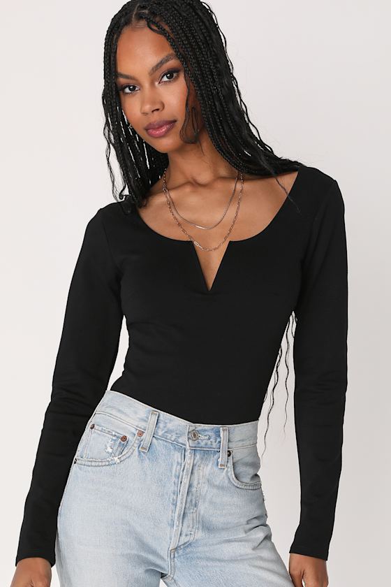 Black Long Sleeve Bodysuit Notched Bodysuit Notched Top Lulus