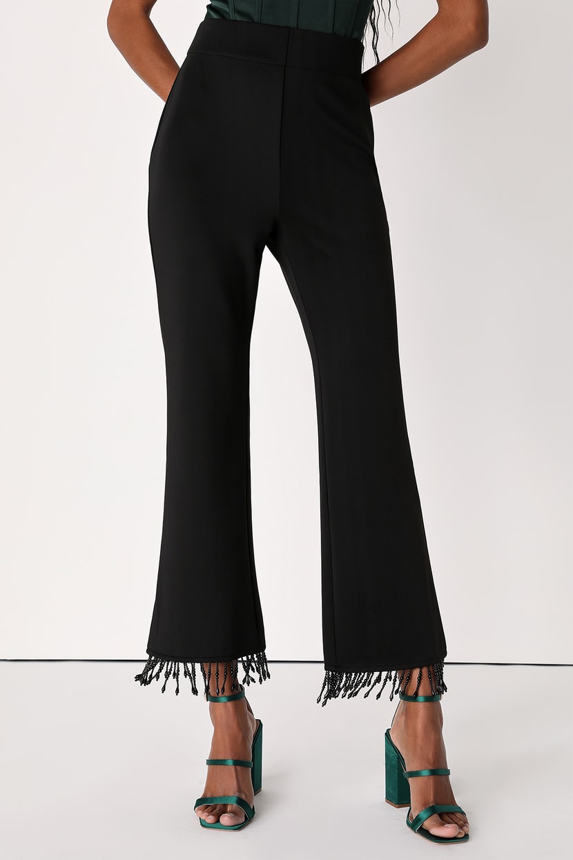 Chic Party Black Beaded Fringe Cropped Pants