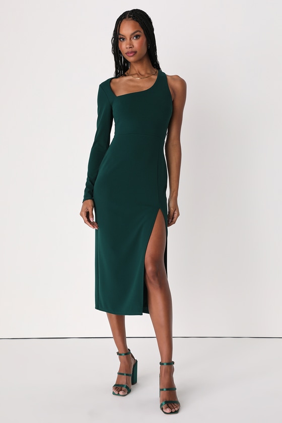 Stunning Drama Emerald Green Asymmetrical Long Sleeve Midi Dress