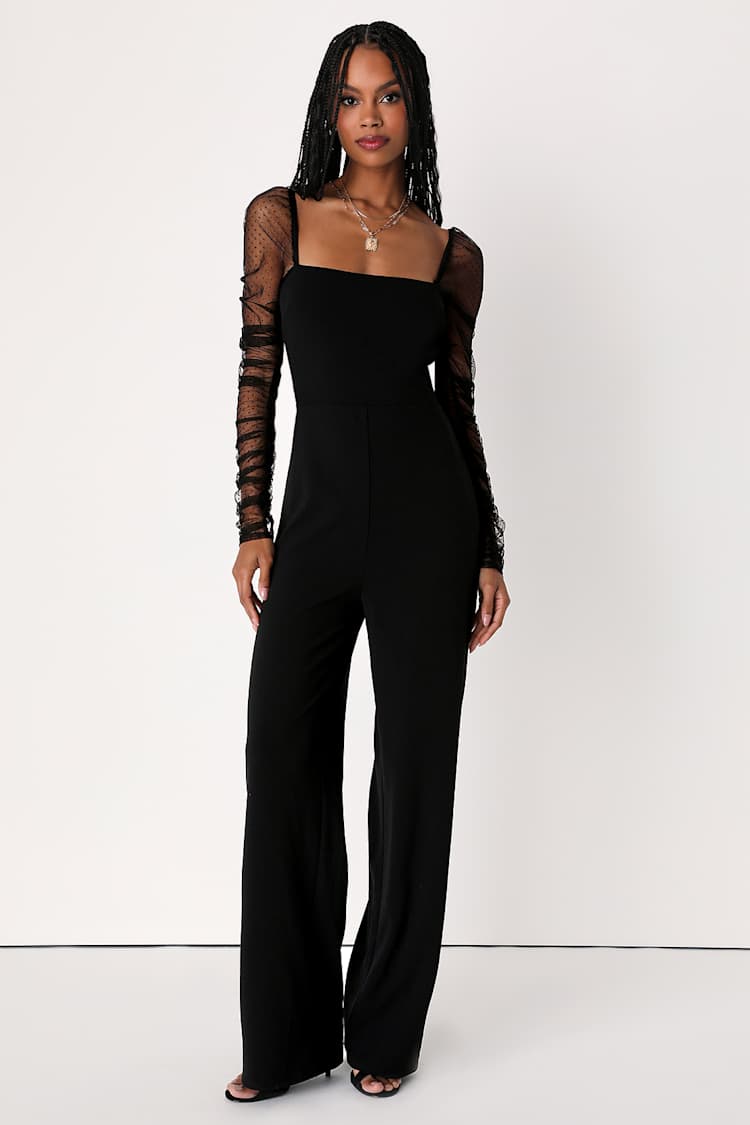 Made to Amaze Black Dotted Mesh Long Sleeve Jumpsuit