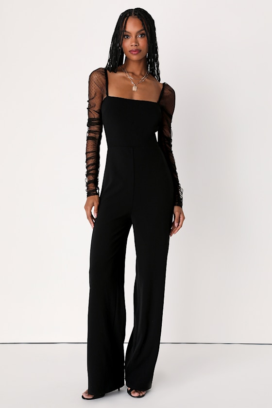 Made to Amaze Black Dotted Mesh Long Sleeve Jumpsuit 1