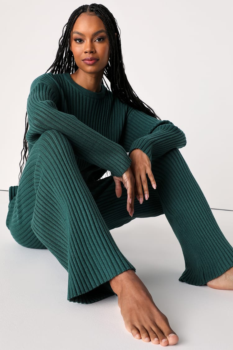 Ready to Cuddle Emerald Green Ribbed Knit Wide-Leg Pants