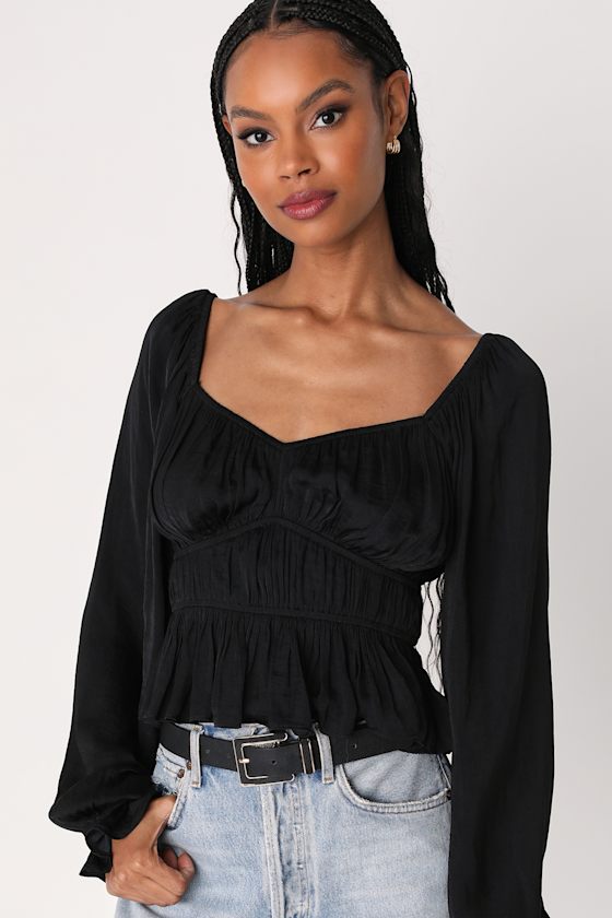 Black Satin Top - Balloon Sleeve Top - Long Sleeve Satin Top - Lulus