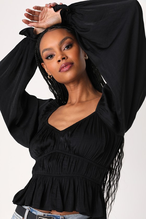 Lulus Sophisticate Black Satin Ruched Long Sleeve Top