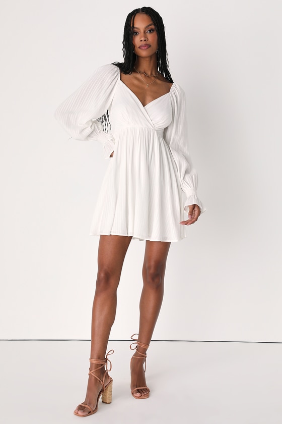 White Embroidered Dress - Long Sleeve Mini Dress - Skater Dress - Lulus