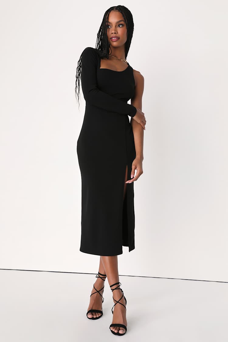 Stunning Drama Black Asymmetrical Long Sleeve Midi Dress