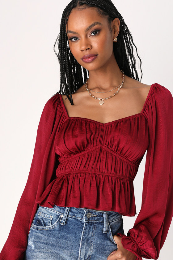 Wine Red Satin Top - Balloon Sleeve Top - Long Sleeve Satin Top - Lulus