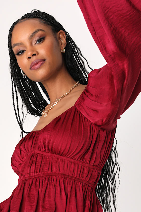 Sophisticate Wine Red Satin Ruched Long Sleeve Top 3