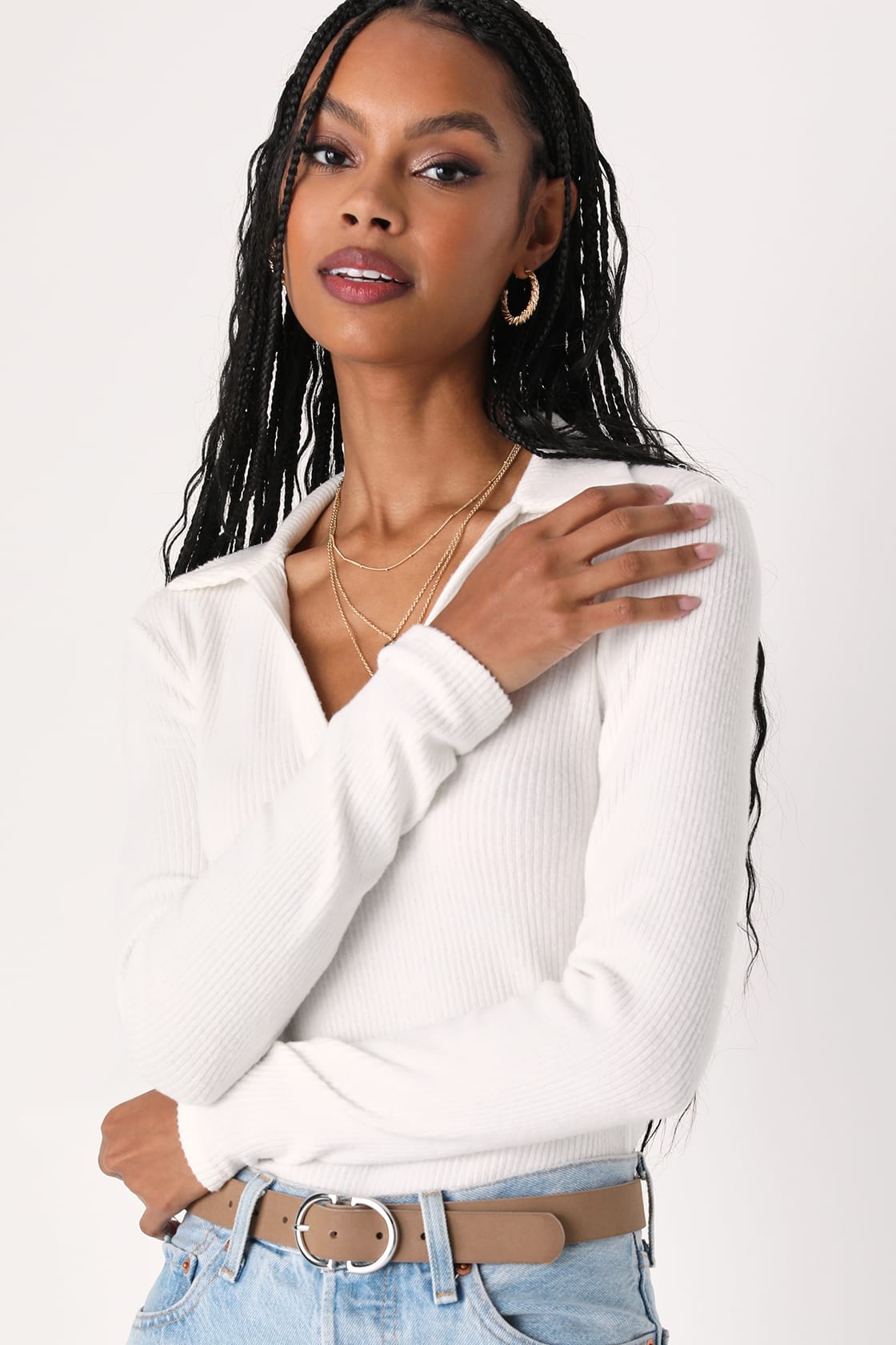 White Sweater Knit Top - Long Sleeve Top - Collared Sweater Top - Lulus