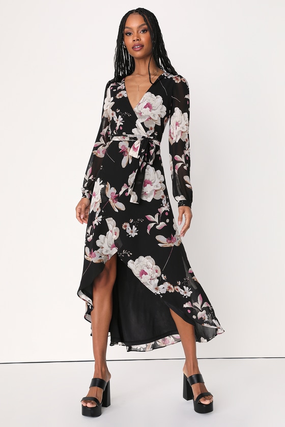 Lulus Blissful Thinking Black Floral Print High-low Wrap Dress