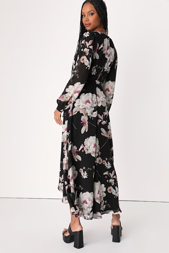 Blissful Thinking Black Floral Print High-Low Wrap Dress 1