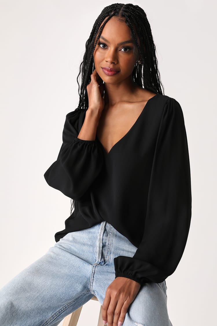Stylish and Sincere Black Long Sleeve V-Neck Top