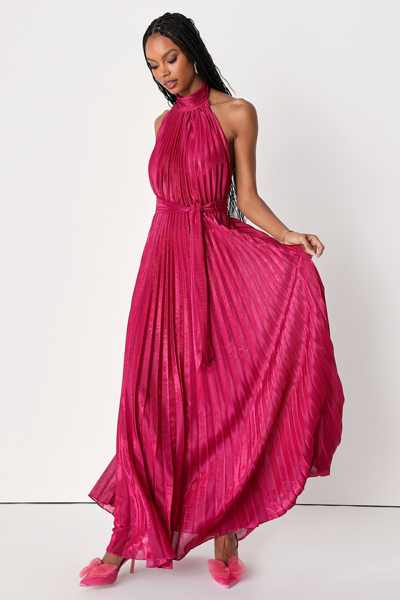 Lulus Everlasting Glow Shiny Magenta Pleated Halter Maxi Dress