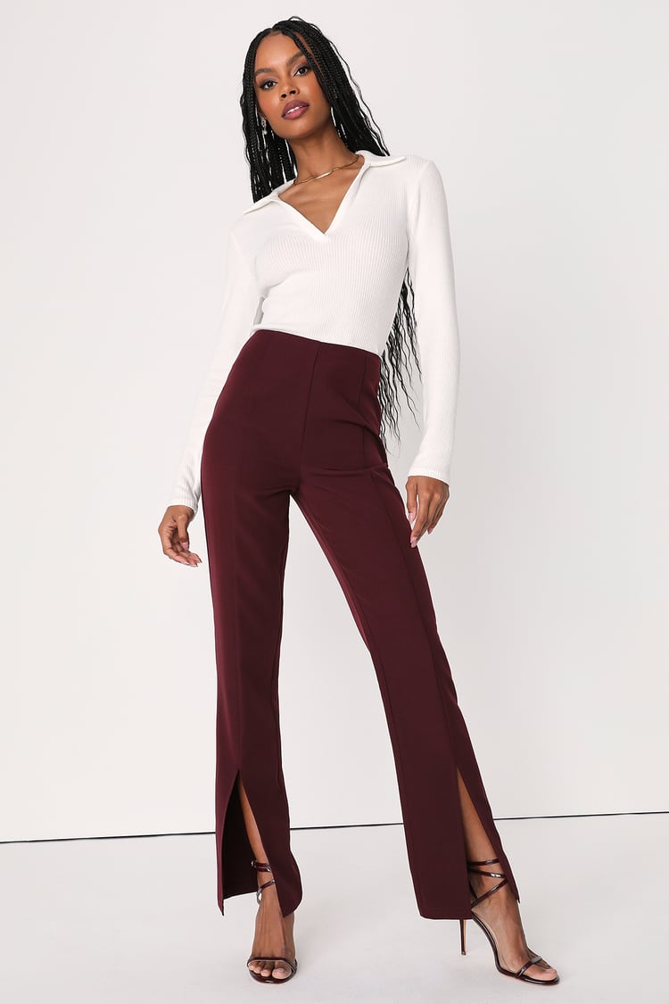 Minding My Business Plum High-Rise Split Hem Trouser Pants