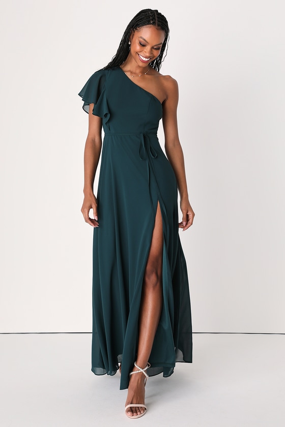 Elegant One Shoulder Long Sleeve Prom Dress With Slit – Ballbella