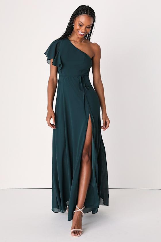 Dark Green Dress OneShoulder Dress Chiffon Maxi Dress Lulus