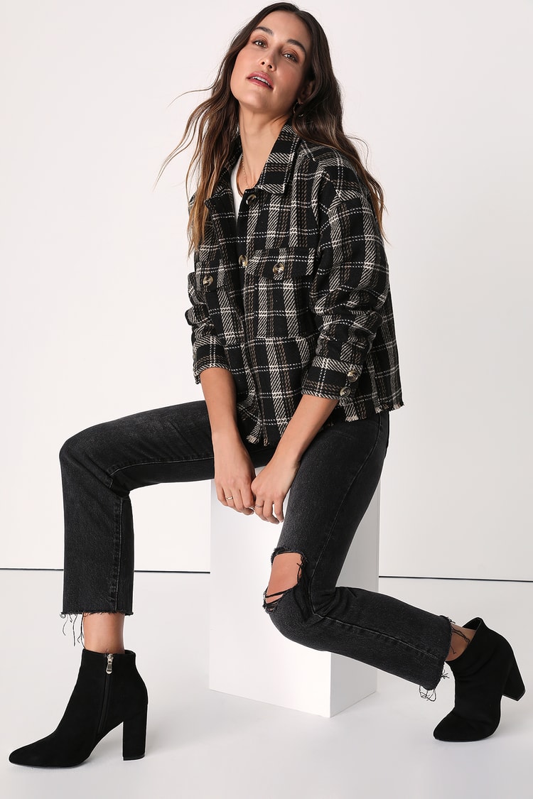 Cropped Plaid Brown and Black Jacket – The Gameday Boutique