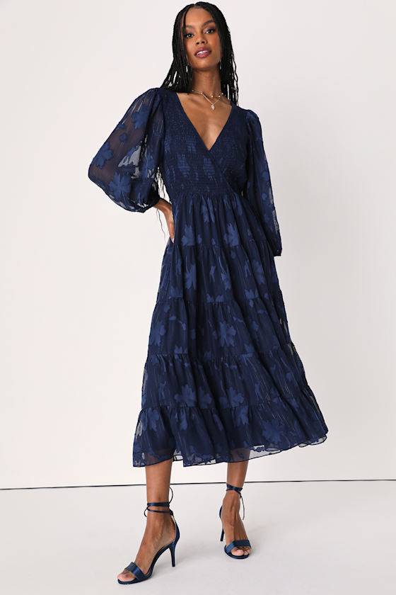 Navy Blue Midi Dress - Smocked Dress - Balloon Sleeve Dress - Lulus