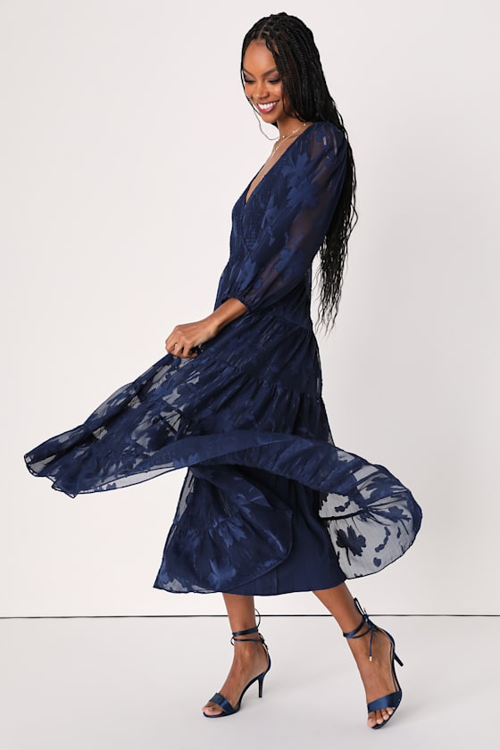 Blissful Darling Navy Blue Burnout Floral Jacquard Smocked Dress 3