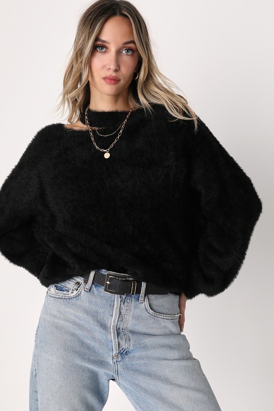 Lulus Favorite Forecast Black Eyelash Knit Cutout Sweater