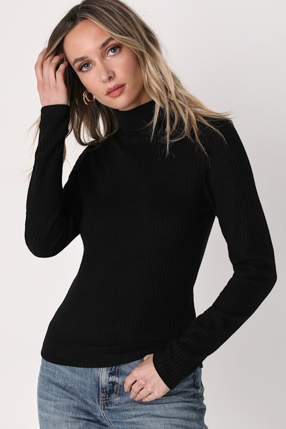 Black Waffle Knit Top - Turtleneck Long Sleeve - Long Sleeve Top - Lulus