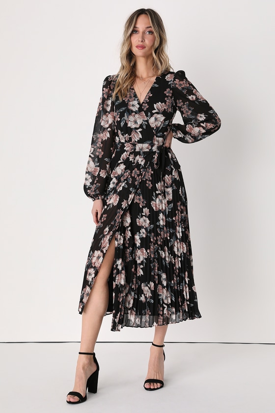 Black Floral Print Dress - Midi Wrap Dress - Pleated Dress - Lulus