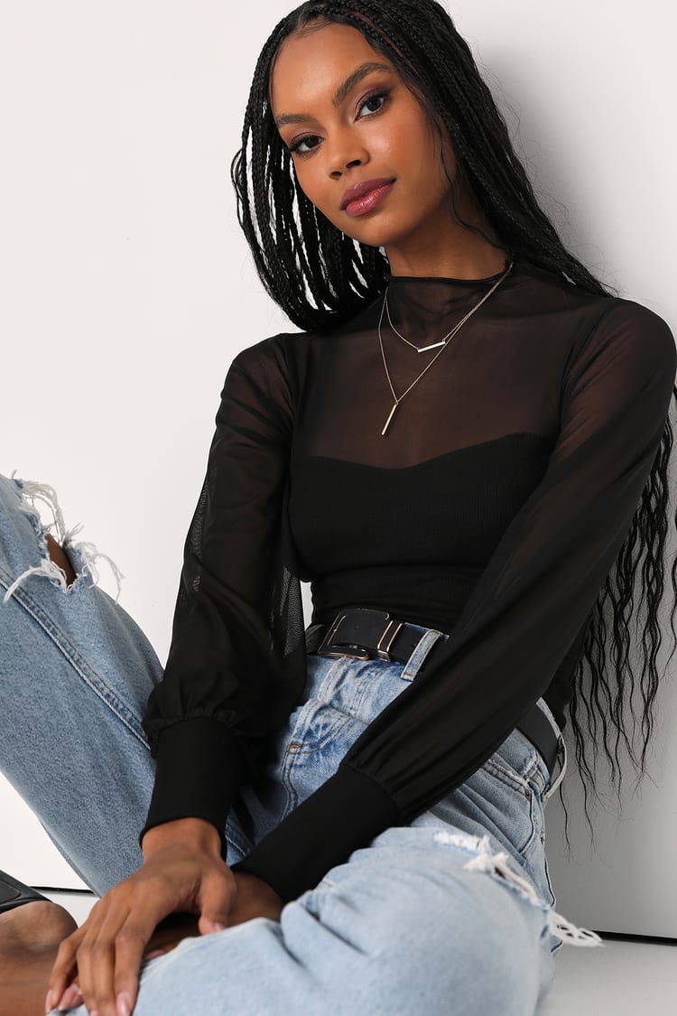 Near and Sheer Black Mesh Long Sleeve Mock Neck Top