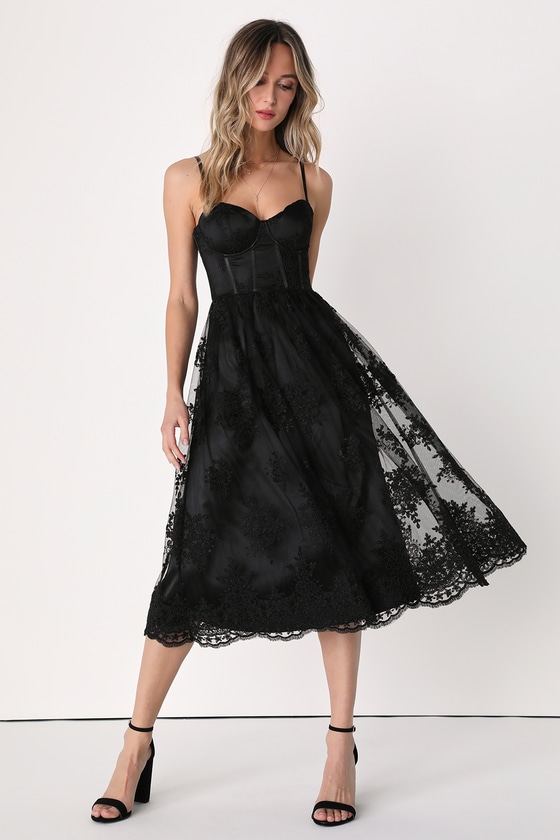 My Darling Daydreamer Black Lace Bustier Midi Dress