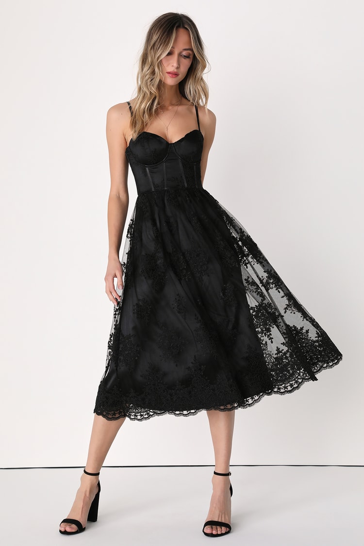 Black Midi Dress - Lace Dress - Bustier Dress - Sleeveless Dress