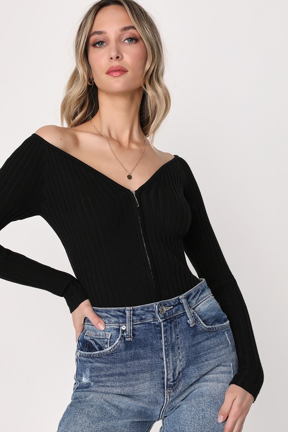Lulus New Attention Black Ribbed Zip-front Long Sleeve Top