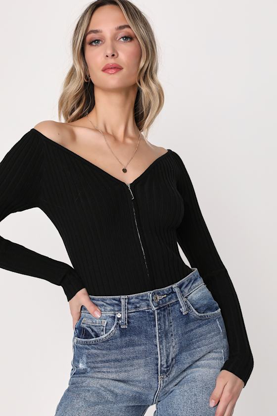 New Attention Black Ribbed Zip-Front Long Sleeve Top 1