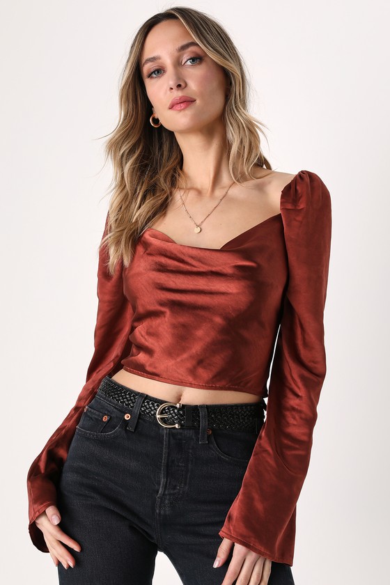 Rust Satin Top - Long Sleeve Top - Cowl Neck Top - Lulus