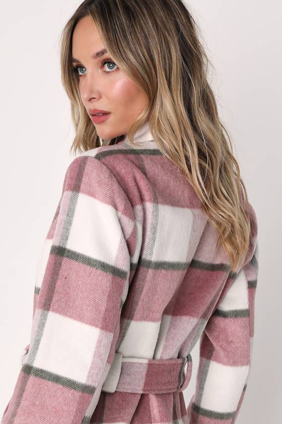 ジャケット・アウター TAN PINK CHECKED COAT Ivory and Pink Coat - Plaid Trench Coat - Long Trench Coat