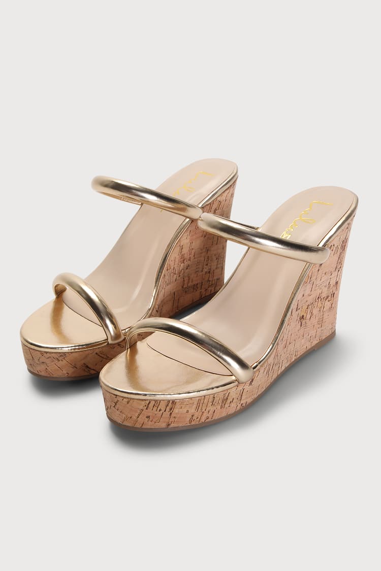 Cute Gold Wedge Sandals - Cork Wedge Heels - Cork Sandals - Lulus