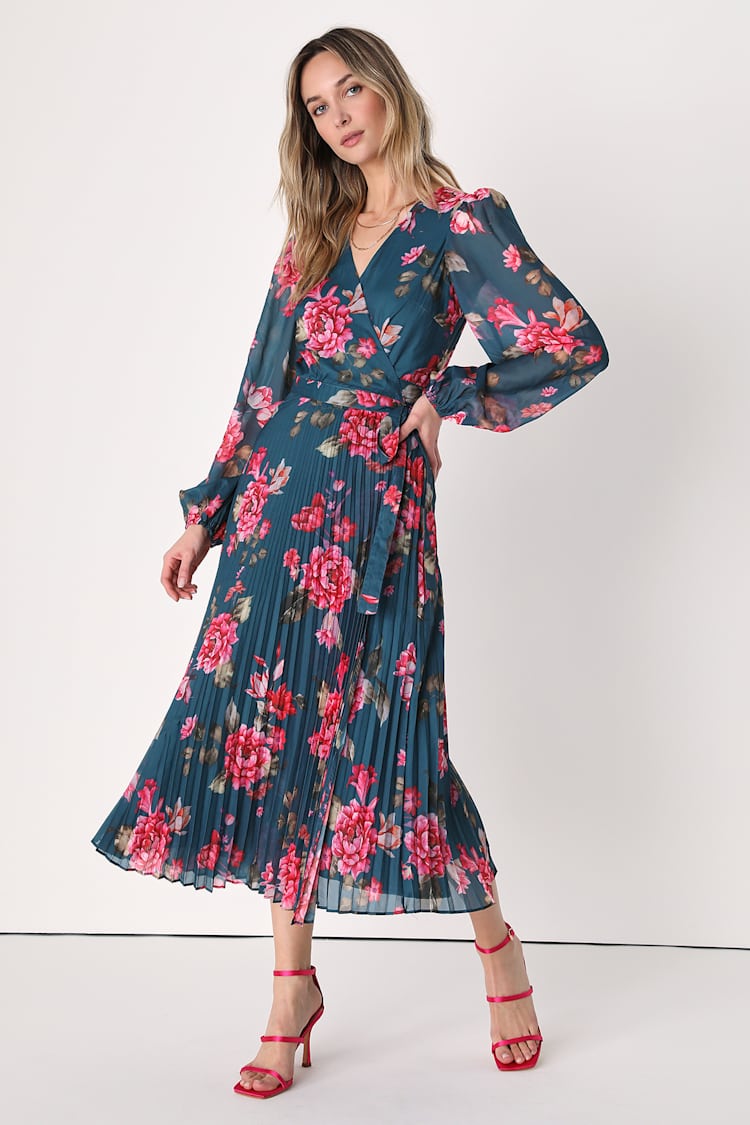 Dark Teal Blue Floral Dress - Midi Wrap Dress - Pleated Dress - Lulus