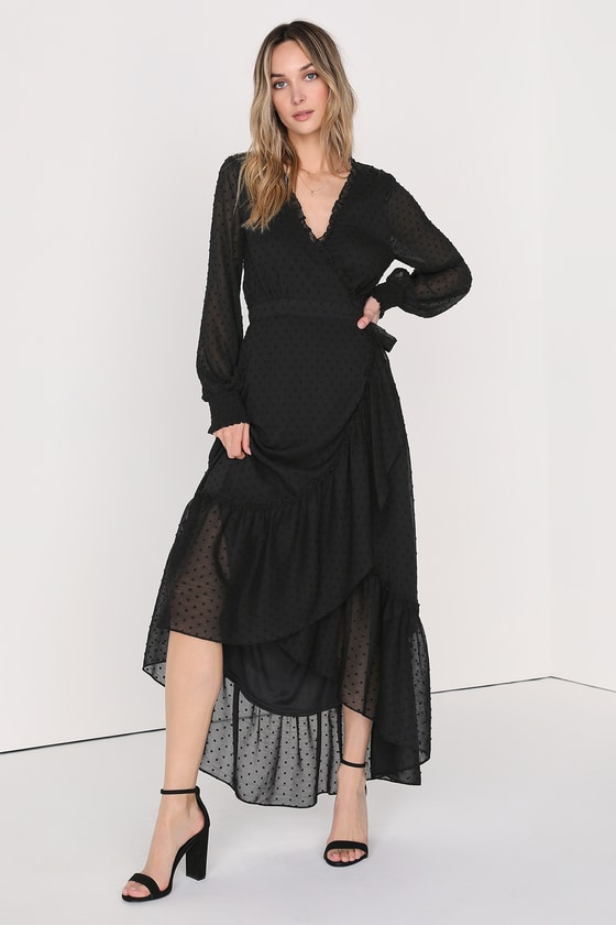 Lulus Perfectly Darling Black Swiss Dot High-low Wrap Dress