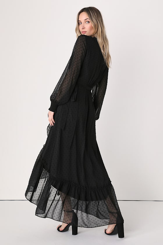 Perfectly Darling Black Swiss Dot High-Low Wrap Dress 4