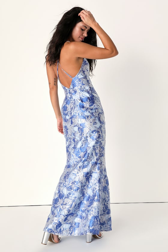 Floral Jacquard Dress - Blue Maxi Dress - Mermaid Maxi Dress - Lulus