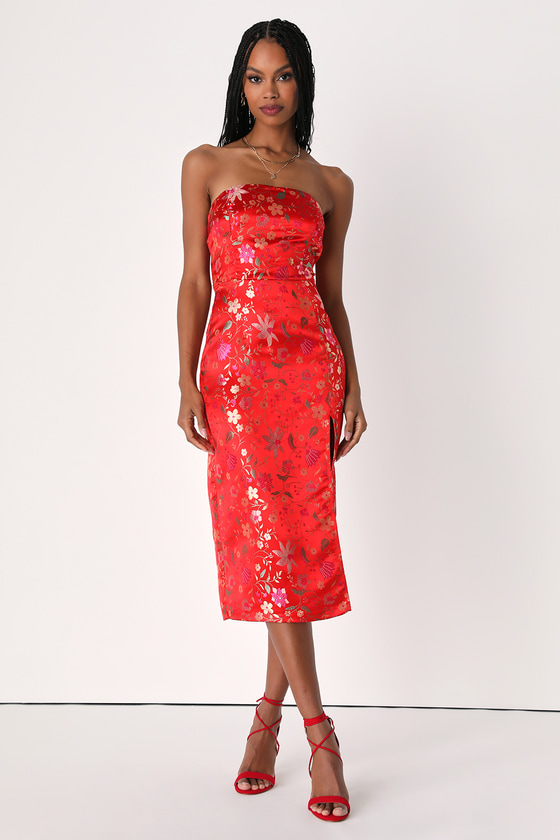 Lulus Make A Move Red Satin Floral Jacquard Strapless Midi Dress