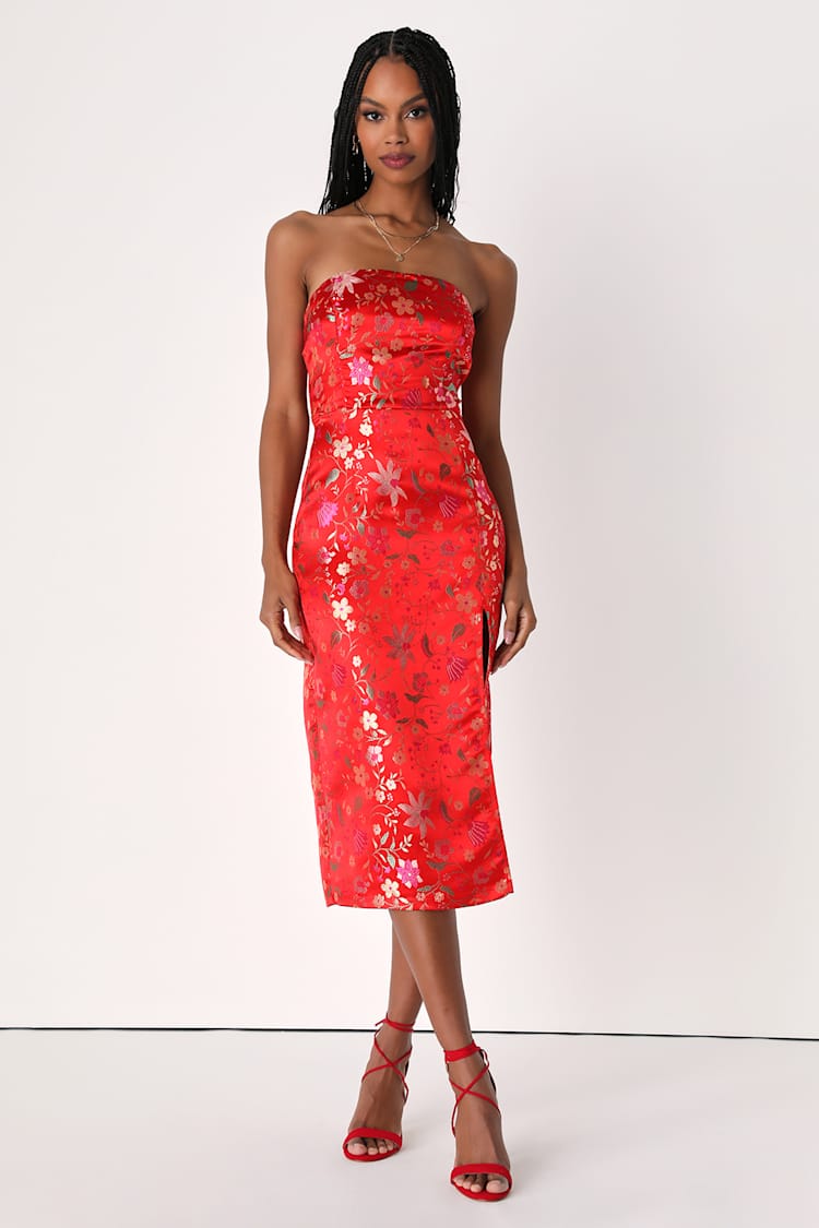 Red Satin Midi Dress - Floral Satin Midi Dress - Brocade Dress - Lulus