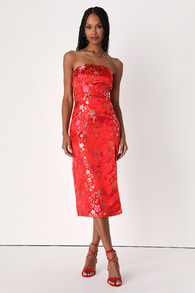 Make a Move Red Satin Floral Jacquard Strapless Midi Dress