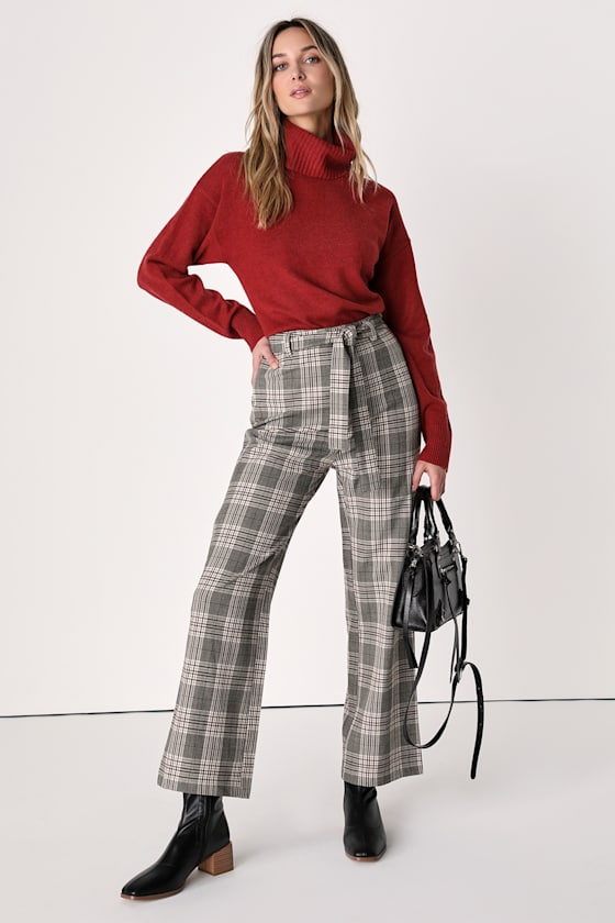 Making a Statement Brown Plaid Tie-Front Trouser Pants 1